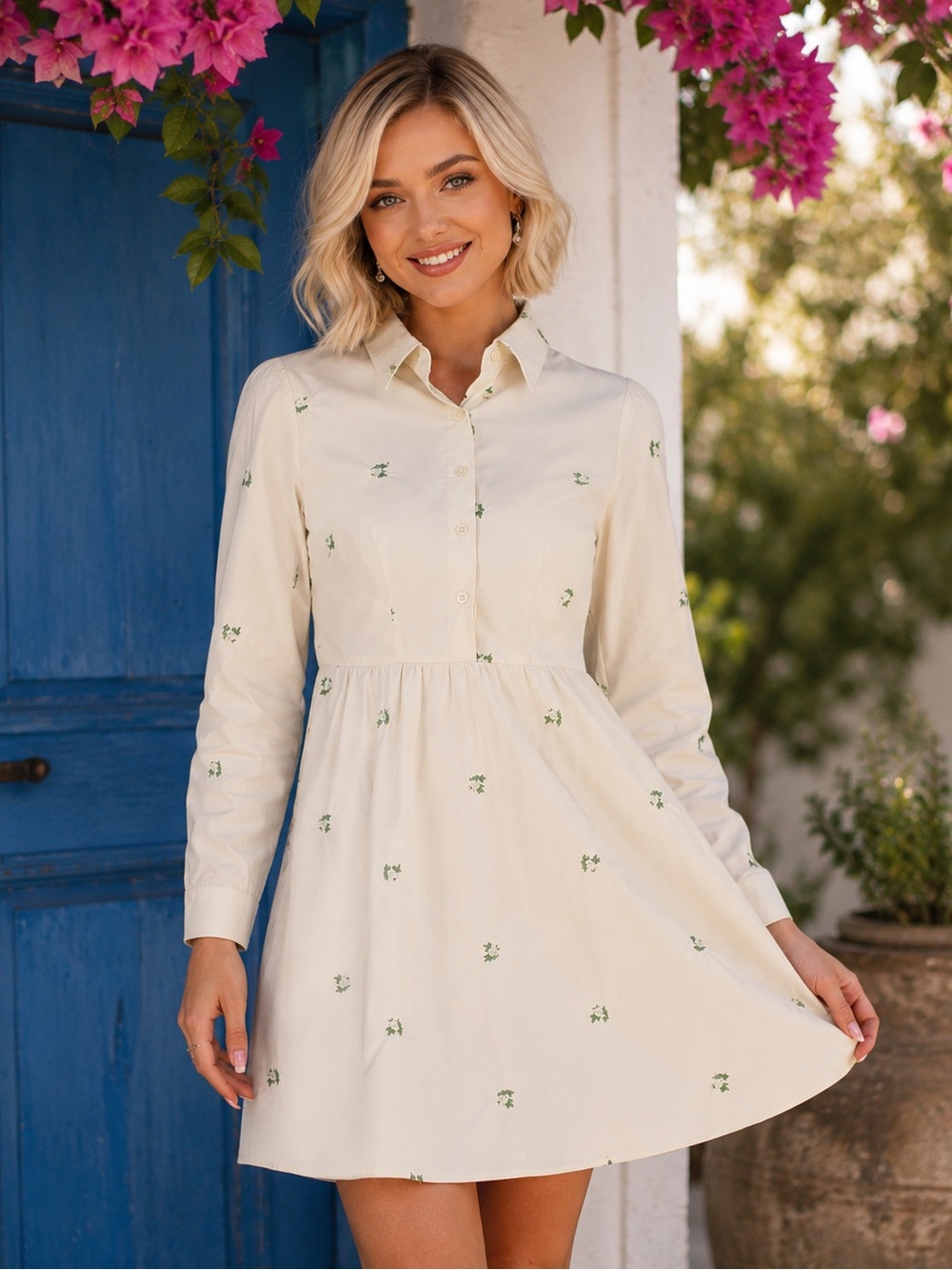 NEW Women’s Cream Floral Embroidered Shirt Dress Large Cottagecore Mini Dress